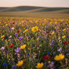 Fototapeta premium hard surface, midwest prairie with summer wildflowers bathed in warm setting-sun light