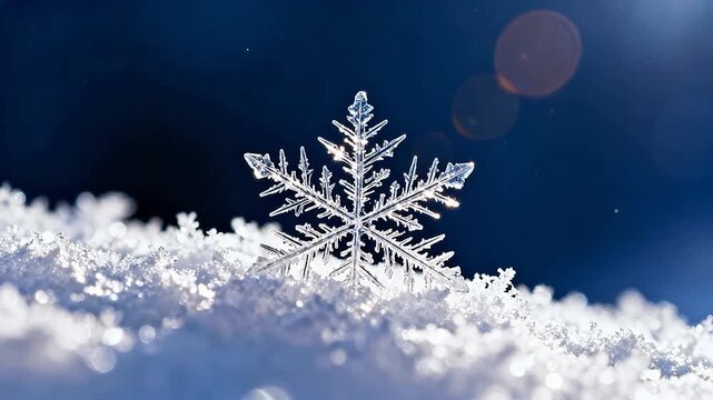 Snowflake on snow with blue sky