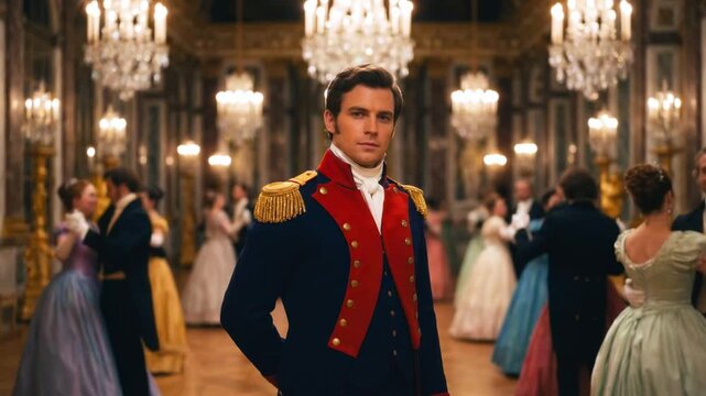 Handsome man in a historic military uniform stands thoughtfully in a grand ballroom while elegant couples dance behind him under glowing chandeliers exploring aristocratic romance concepts