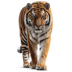 Fototapeta premium Tiger walking forward with intense gaze on white background