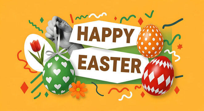 Colorful Easter eggs and floral arrangement with festive banner, spring holiday celebration, digital artwork