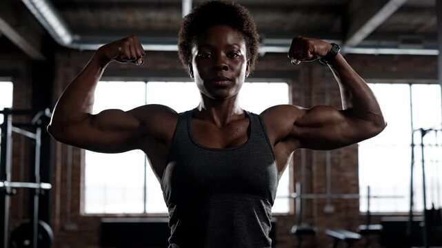 Fit woman flexing muscles in an industrial gym. African American female bodybuilder showing strength and power. Athletic training concept