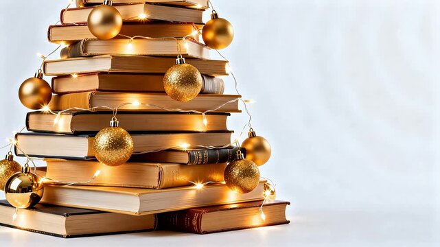 Stacked books with Christmas decorations