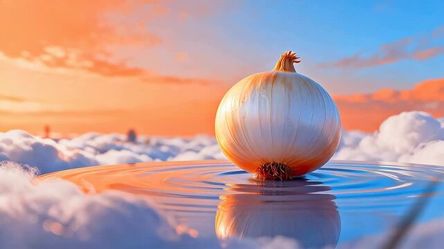 Onion on reflective surface with sky