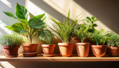 Fototapeta premium sunlit green plants in terracotta pots on wooden shelf