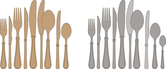 Collection of antique and modern cutlery sets displayed side by side in contrasting warm brown and cool grey tones