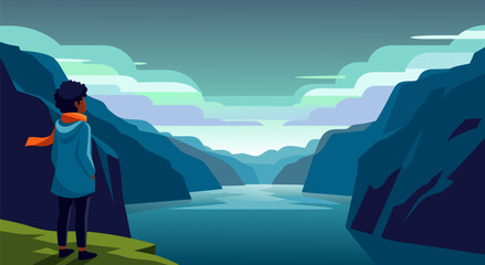 Serene Mountain Valley Landscape Vector Illustration with a Person Gazing at the Northern Lights © PDWN Creative