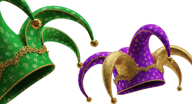 Jester hat with gold bells and ornate embroidery in green and purple isolated on transparent background