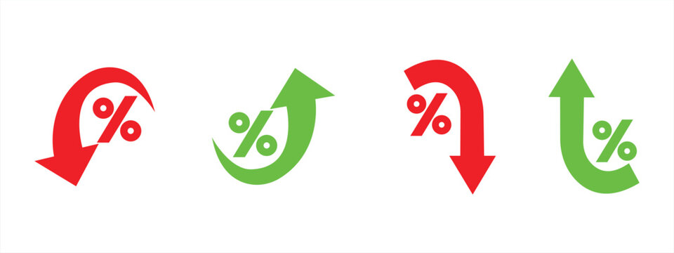 Percentage arrow icon set. Green and red percentage arrows with increasing and decreasing directions. Growth and decline. Arrows with increasing or decreasing directions. Vector illustration.