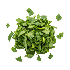 Vibrant Green Chopped Spinach Leaves, Neatly Piled and Scattered, Emphasizing Freshness and Culinary Versatility on a Clean White Backdrop.