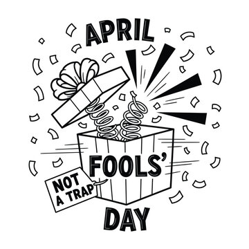April Fools' Day illustration of a jack-in-the-box popping out of a gift box with the sign 'not a trap', a classic surprise prank.