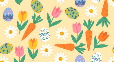 Obraz premium Playful Easter pattern with eggs, tulips, carrots, and daisies, springtime background, digital art, cheerful holiday design, vibrant color palette