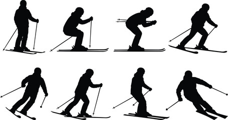 Set of skier silhouettes in various downhill skiing poses isolated on white background, black winter sport illustration collection for alpine activity and training design