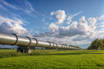 Expansive Industrial Gas Piping Across Scenic Green Landscape Under Blue