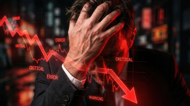  Trader looking at falling red graphs. Double exposure effect of stress and economic failure. Stock market loss concept.