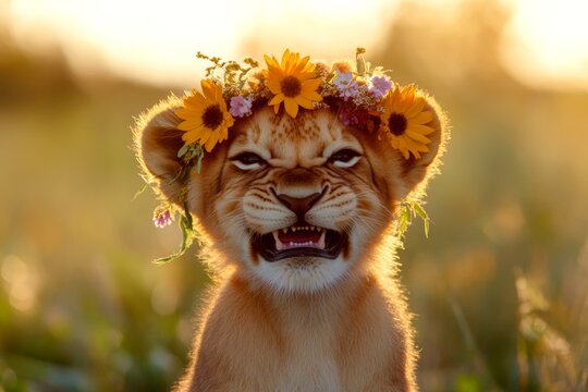 Cute baby animal lion wearing free flower wreath on its head. Summer happiness. Golden hour in sunset. Majestic summer wildlife portrait. Stunning wildlife and flowers. Dreamy wilderness scen.