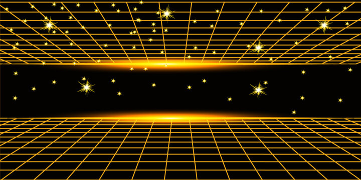 Retro cyberpunk style 80s game scene pixel art 8-bit sci-fi background. glowing neon grid and stars from vintage arcade computer games.