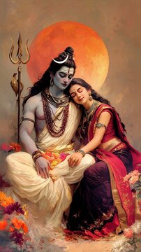 Lord Shiva and Goddess Parvati Sitting Together Under Full Moon, Divine Love and Sacred Shiva Shakti Union