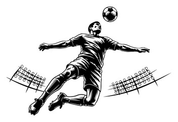 Dynamic black and white vector illustration of a soccer player jumping to head the ball © Mago