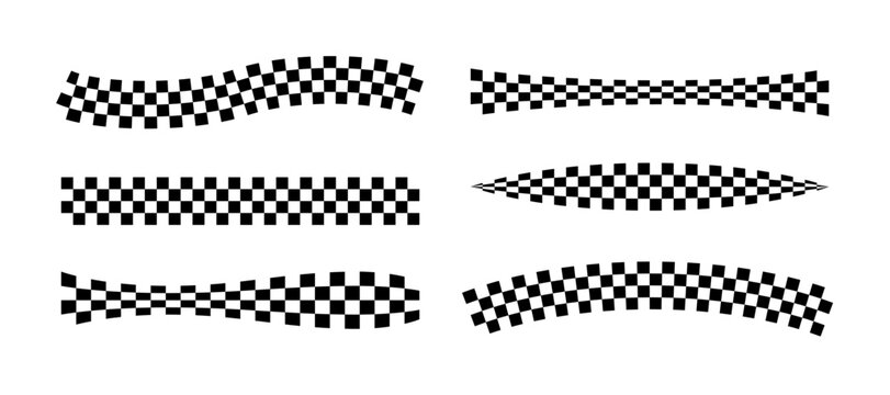 Race flag lines. Black and white checker finish ribbon. Car race grid pattern. Rally border texture. Wavy checker lines. Chess graphic design element. Vector illustration isolated on white background.