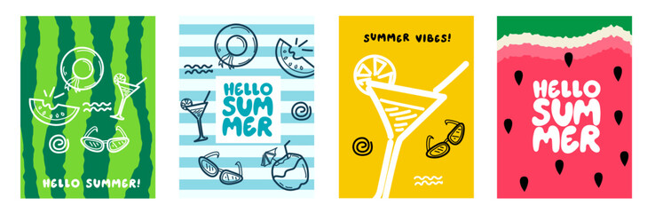 Colorful summer poster set with watermelon patterns, cocktails, sunglasses and beach icons. Hello Summer typography cards in bright green, blue, yellow and pink backgrounds. Fun seasonal vector design © PHNOL