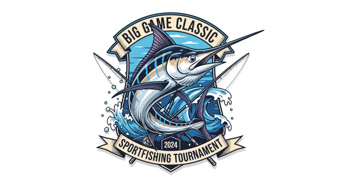 Big Game Classic Sportfishing Tournament emblem with marlin and waves.
