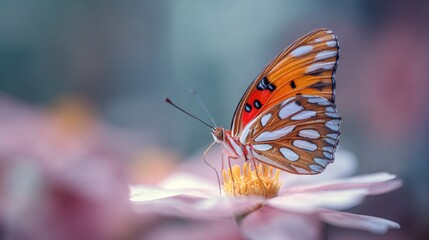 Obraz premium Macro View of a Butterfly Resting on a Flower with a Soft Blurred Background for Nature and Wildlife Photography