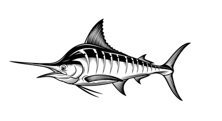 Detailed illustration of a majestic marlin fish in striking black and white 1. © sulthan