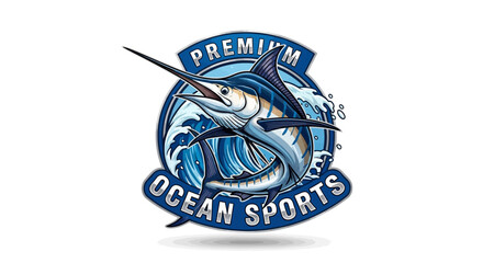 Premium Ocean Sports logo featuring a majestic marlin leaping through ocean waves. © sulthan