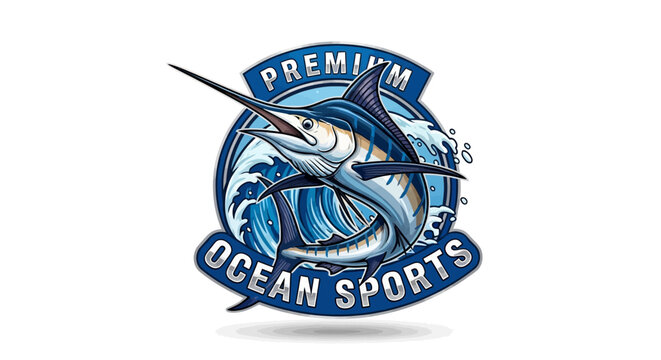 Premium Ocean Sports logo featuring a majestic marlin leaping through ocean waves.