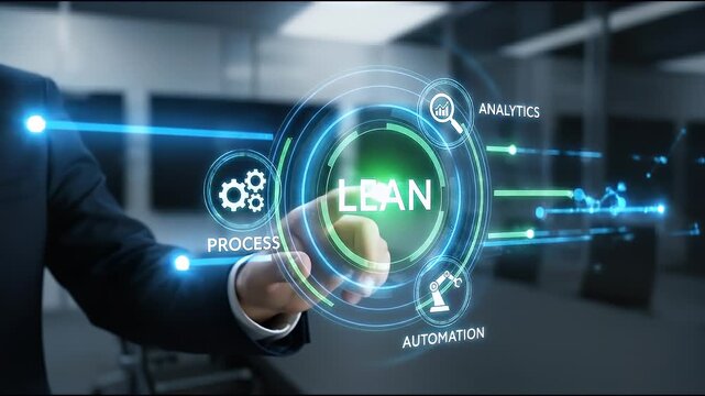 Close-up of a professional presenting a glowing circular interface labeled lean surrounded by process, analytics and automation icons, dark corporate background with shallow depth of field and slow ci