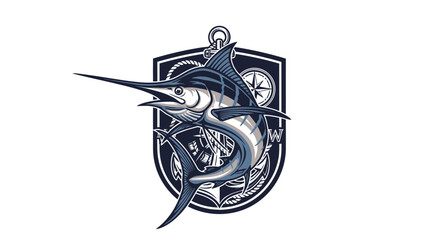 Detailed illustration of a marlin fish with a nautical shield design.