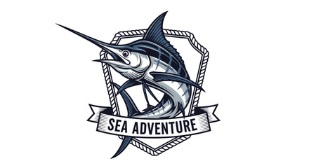 Striking Marlin Fish Emblem Sea Adventure Logo Design with Nautical Elements.