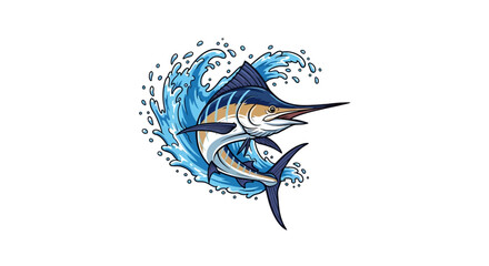 Majestic marlin leaps through ocean waves showcasing aquatic power and grace in vibrant illustration.