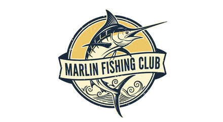 Marlin Fishing Club Logo Depicting a Striking Fish in a Circular Emblem.