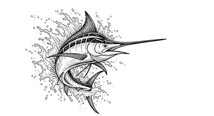 Detailed illustration of a marlin fish leaping from the water with splashes.