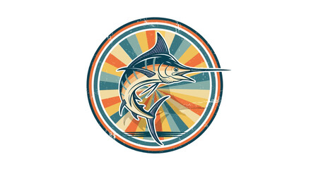 Striking illustration of a marlin fish leaping with vibrant retro design.