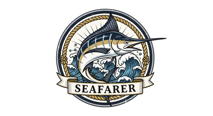 Elegant Seafarer Emblem Featuring a Majestic Marlin in the Ocean Waves.