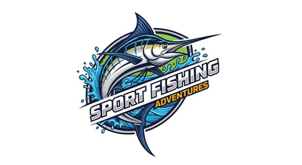 Sport Fishing Adventures Logo Featuring a Marlin in a Dynamic Pose with Water Splashes.
