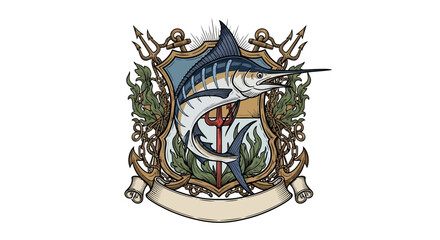 Detailed heraldic emblem featuring a marlin fish and nautical elements.