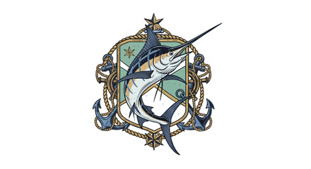 Elegant emblem featuring a marlin fish anchors and nautical elements perfect for marine themes.