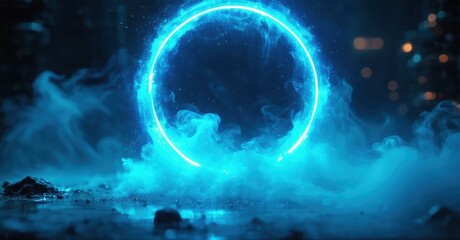 Glowing circle above dark ground. Blue light, smoke, mysterious atmosphere. Dramatic visual effect, futuristic design.