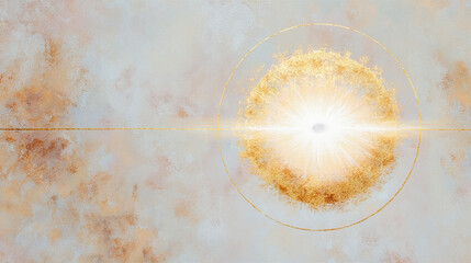 黄金の光を放つ太陽のような円と水平線が交差する、モダンで洗練された抽象アート背景。質感豊かなマテリアルと高貴な輝き。