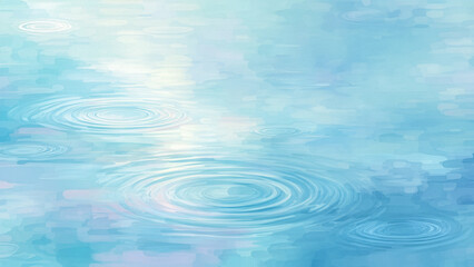 穏やかな水面に広がる波紋を描いた抽象的な水彩画風の背景素材。淡いブルーと光の反射が美しい芸術的なデザイン。