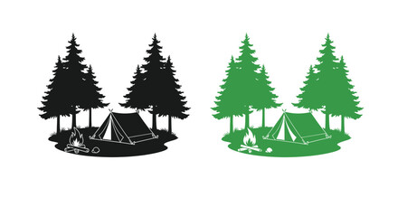 Camping scene with trees and tent depicted in contrasting colors silhouette © Taylor
