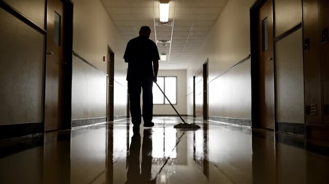 Silhouette of a janitor mopping a long school hallway. Custodian cleaning a shiny floor in a corridor with lockers. Maintenance and service concept