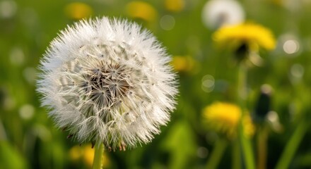 Dandelion Seed Head in Green Field.