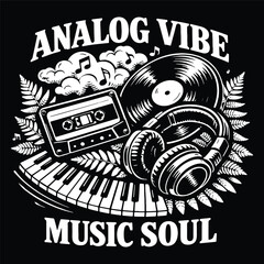 Obraz premium Analog Vibe Music Soul Vector Illustration Featuring Vinyl Record Cassette Tape and Headphones in a Detailed Woodcut Graphic Style