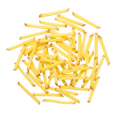 Pile of fresh french fries scattered on a white background