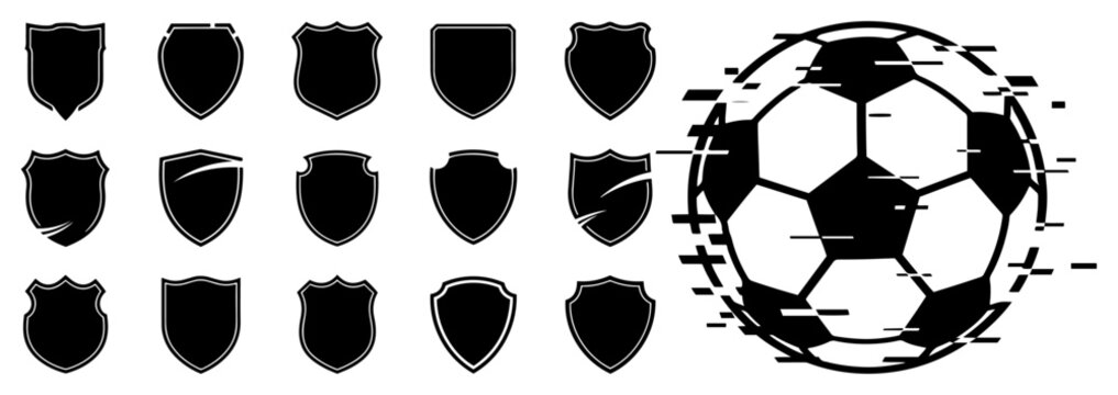 Set of sports shield emblems and glitched soccer ball for digital team logos